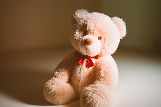 A teddy bear with a red bow sits on a table