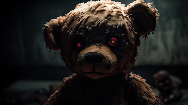 A teddy bear with red eyes sits in a dark room with a dark background.