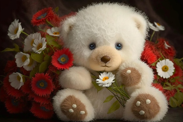 Teddy bear with red flowers on the side symbolizing loveResearch in the area of psychology points.