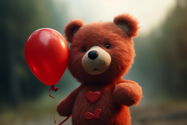 Teddy bear with red heart balloon in the city Valentine's day concept