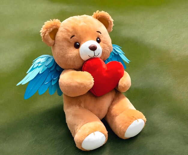 Teddy bear with red heart on the meadow