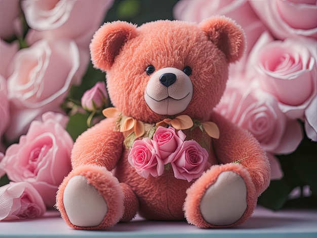 Teddy bear with roses on pastel background ai generative