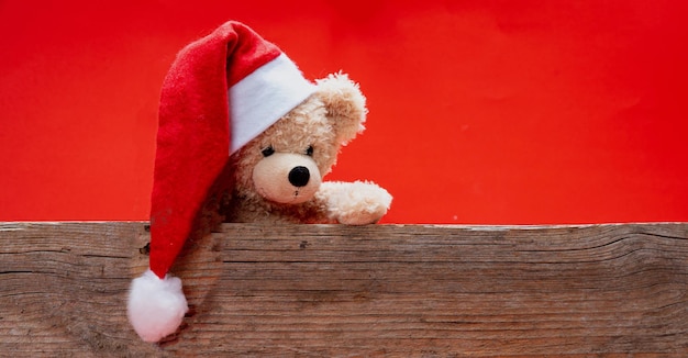 Teddy bear with santa hat red color background