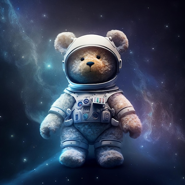 Photo a teddy bear with a space suit and the word space on it.