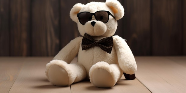 A teddy bear with sunglasses and a bow tie sits on a wooden floor.