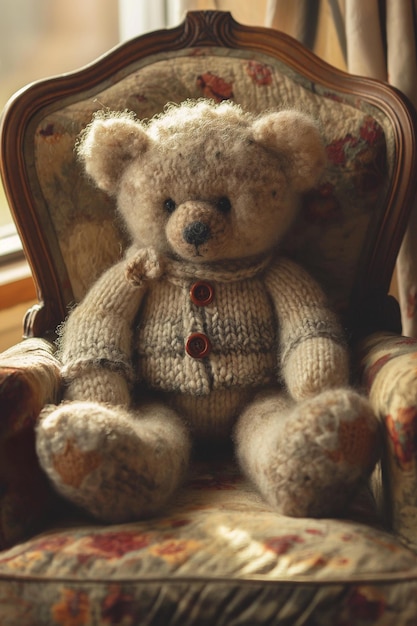 Foto un orsacchiotto con un maglione seduto su una sedia