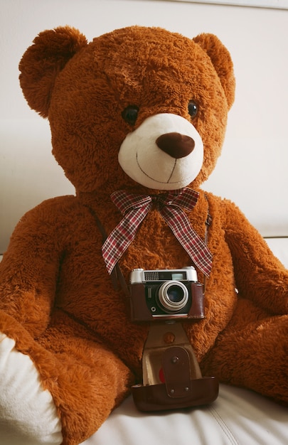 Photo teddy bear with vintage 35mm camera