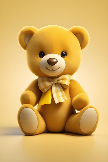 Teddy bear with yellow bow tie on yellow background 3d rendering