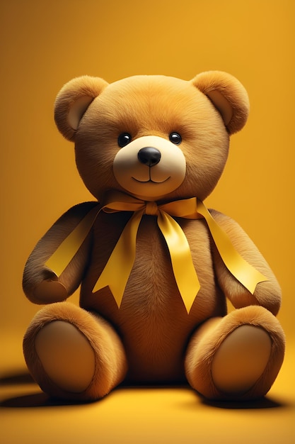 Teddy bear with yellow bow on yellow background 3d rendering