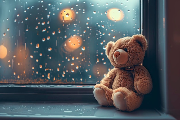 Teddy Bear zit op de vensterbank voor het regenachtige raam
