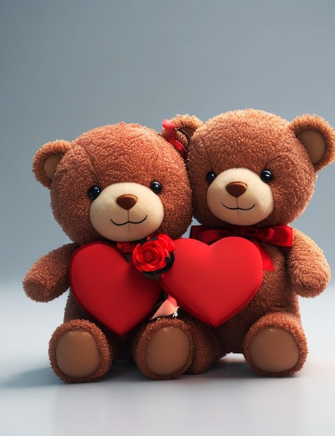 Teddy bears couple with red heart and gift on white background