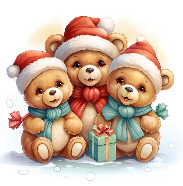 Teddy bears in a hat and scarf New Year card wallpaper background 2024