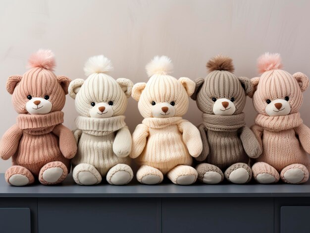 Photo teddy bears in shelf on wall with pillow