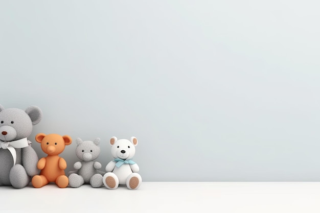 teddy bears sitting in front of a wall copy space for text children's day