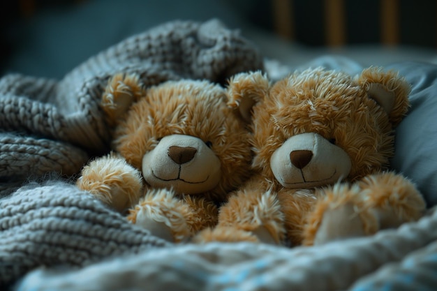 Photo teddy bears sleeping and cuddling in bed