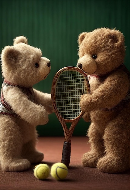 Teddy bears in sportswear play tennis on the court hold rackets in their paws AI Generated