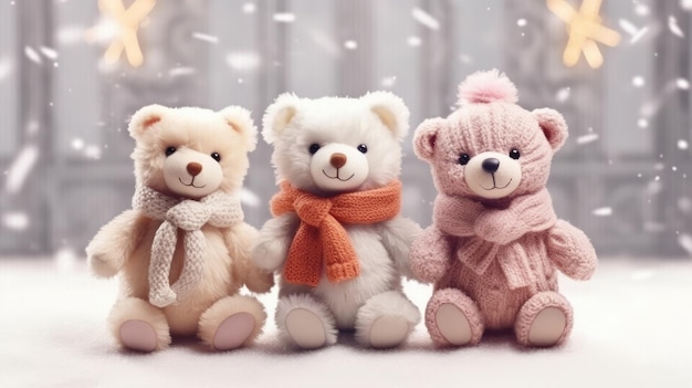 Teddy bears wearing a Santa hat on a festive New Year's background Christmas card with animals