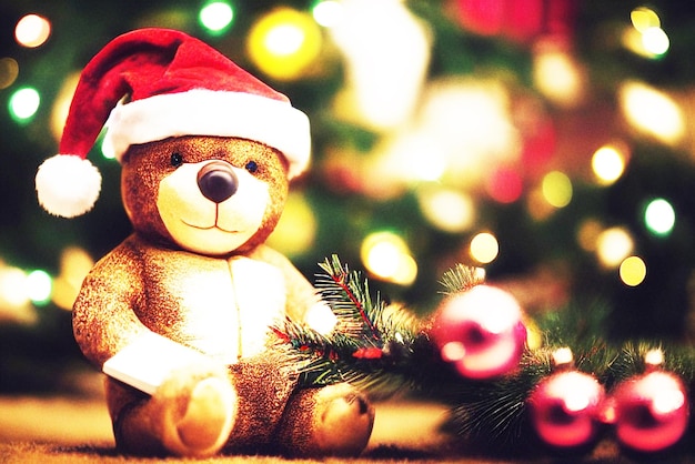 Teddy beer in een kerstman hoed zit met kerst speelgoed patroon.