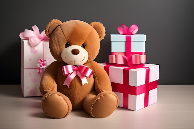 Foto teddy bier met geschenkkistjes