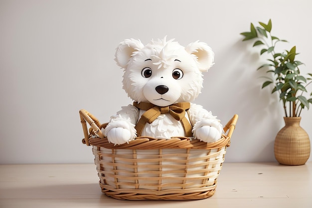 Teddy's Blooms A Bear in a Bamboo Basket White Wall Backdrop and a Splash of Flowers