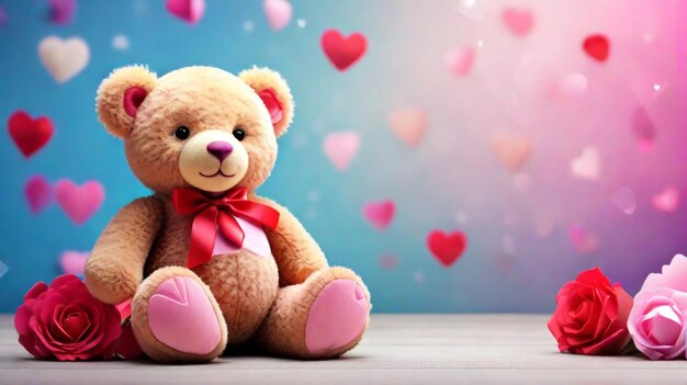 A teddy with romantic valentine's background and rosess concept by teddy day