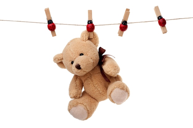 Teddybeer die aan de waslijn hangt