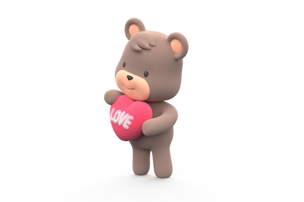 Teddybeer houdt een hart vast met het woord liefde erop geschreven 3D Render