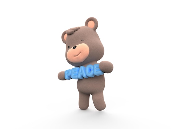 Teddybeer houdt het woord vrede in het Engels schrijven teddybeer geïsoleerd op witte achtergrond 3D Render