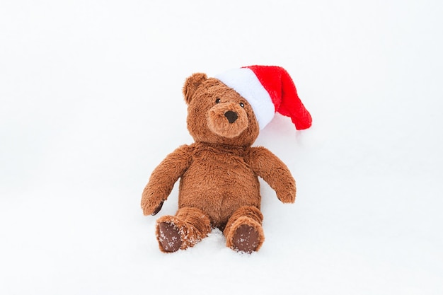 Teddybeer in de zitting van de Kerstmanhoed in de ruimte van het sneeuwexemplaar