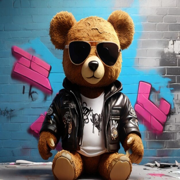 Foto teddybeer met hechtingen en klassieke vlieger zonnebril graffiti over de muren