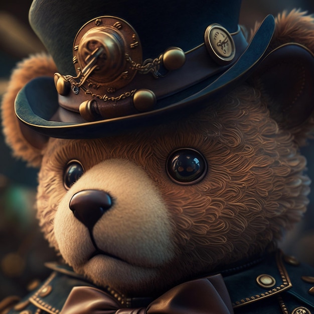 Teddybeer met hoed en gekleed in een steampunk-outfit Steampunk