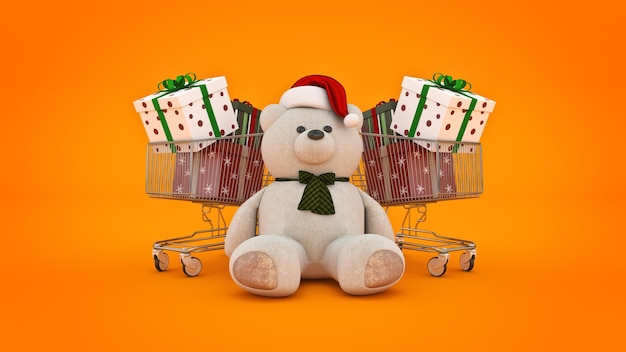 Teddybeer met kerstmuts en winkelwagentje. 3D-weergave