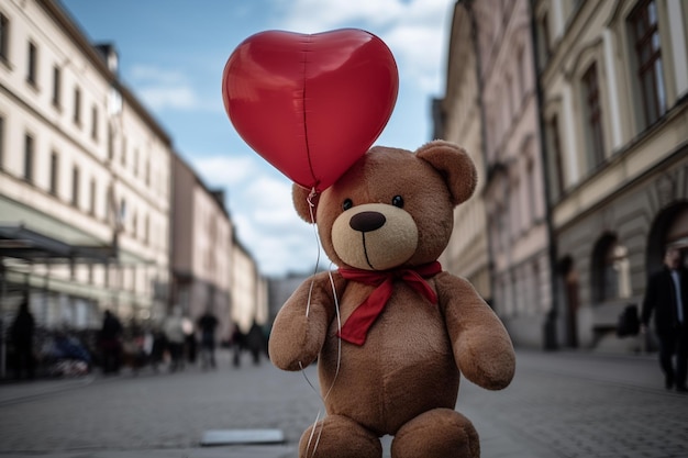 Teddybeer met rode hartballon in de stad Valentijnsdag concept