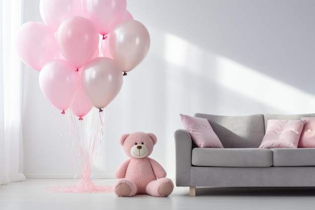 Foto teddybeer met roze ballonnen in de heldere kamer generatieve ai