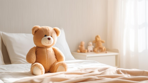 Teddybeer op bed in de ochtend Selectieve aandacht