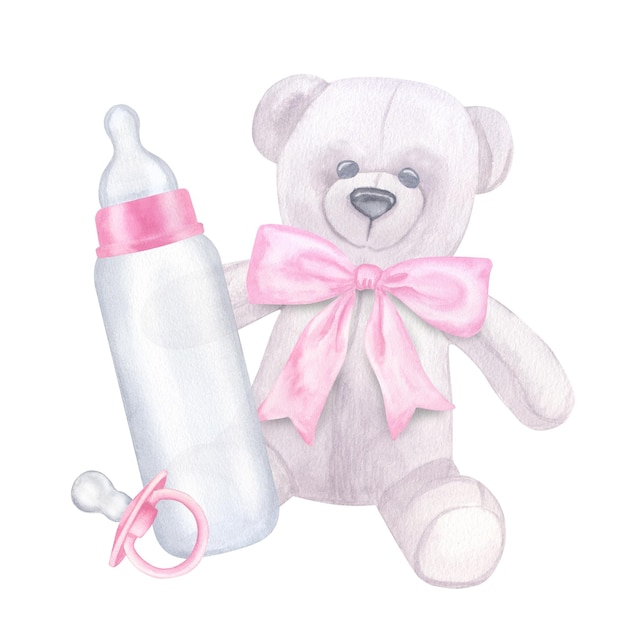 Teddybeer roze boog melk fles fopspeen pasgeboren meisje met de hand getekende waterverf illustratie geïsoleerd