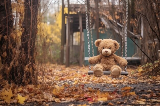 Foto teddybeer rusten op een vergeten schommel