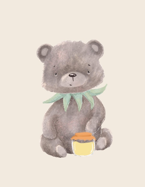 Teddybeer, schattig dier voor kinderkamerdecoratie, wenskaart, bosillustratie, cartoo