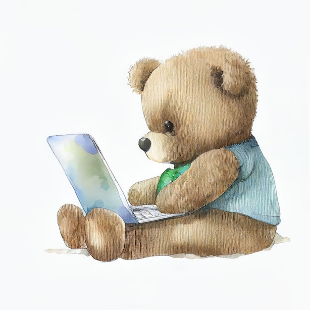 Teddybeer tekenen met laptop zittend aquarel Generatieve AI