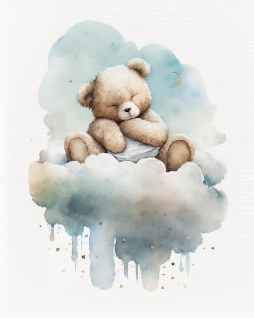 Teddybeer zittend op een wolk met aquareleffect Handgetekende illustratie