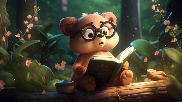 Teddybeerlezing erg gericht op het boek zittend op een boomstam in het gegenereerde 3D-bos