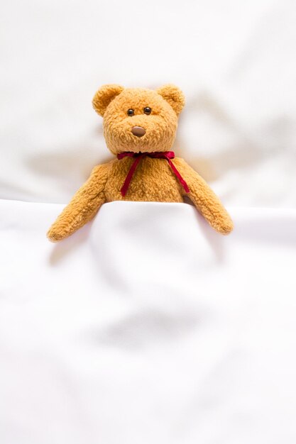 Teddybeerpop liggend in het witte bed