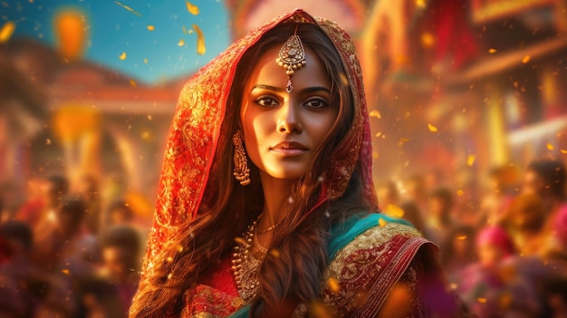 Teej フェスティバルのお祝い赤いサリーを着た美しいインドの女性