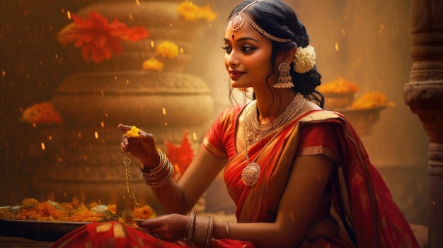 Teej フェスティバルのお祝い赤いサリーを着た美しいインドの女性