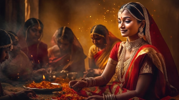 Teej festival viering mooie Indiase vrouwen in rode sari