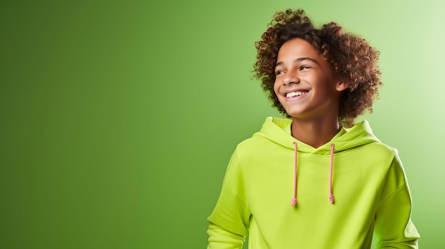 Teen boy in bright green outfit magenta backdrop