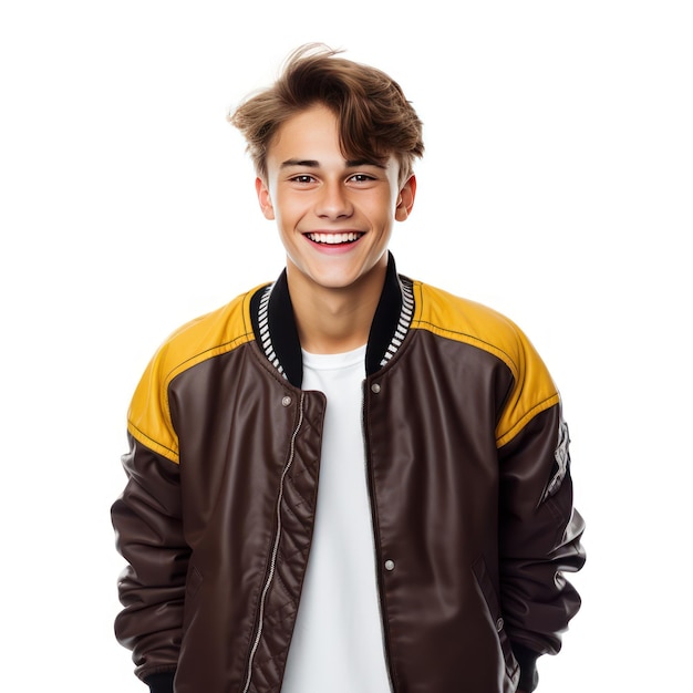 Foto ragazzo adolescente in giacca universitaria con sorriso allegro