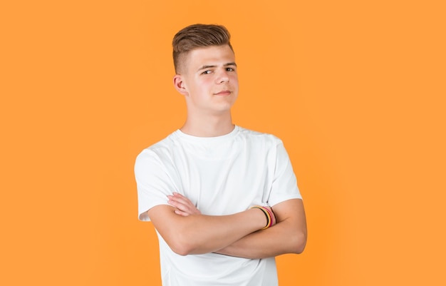 Teen boy in white shirt casual fashion style happy childhood stylish boy with groomed hair