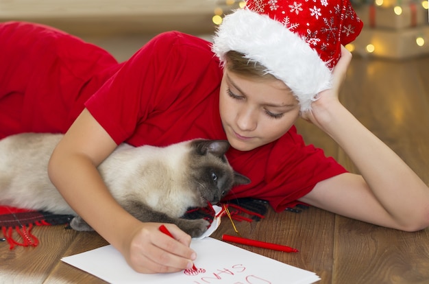 Ragazzo adolescente con un gatto che scrive una lettera di natale a babbo natale