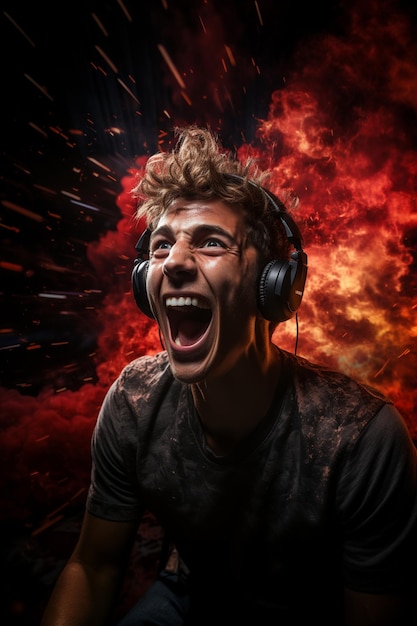 Photo teen celebrating a victory in an online game with an explosive background